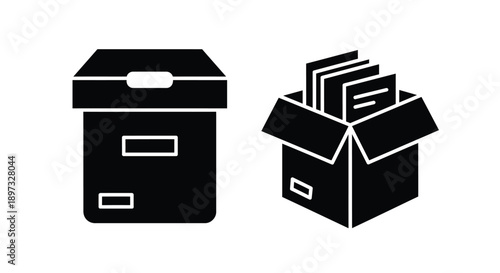 File box and open cardboard box graphic simplistic black silhouette