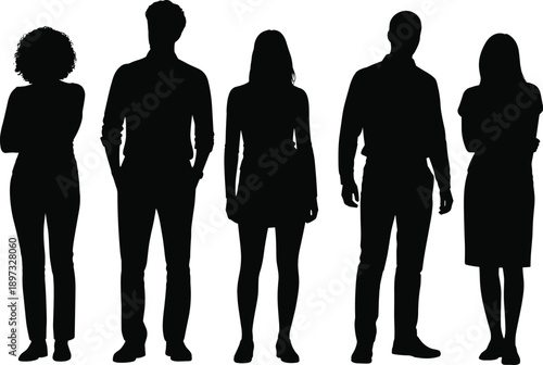 Silhouette group of five diverse adults in casual and formal attire standing side by side representing individuality, diversity, anonymity, teamwork, and social identity illustration