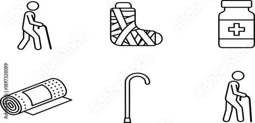 Healthcare medical assistance line icon set featuring elderly person with walking cane broken leg cast bandage and medicine bottle iconsHealthcare medical assistance line icon 