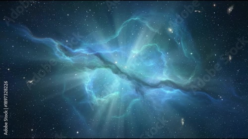 Nebula clouds glow softly with turquoise teal and cyan gas flowing organically through dense star fields creating calm cinematic depth and seamless looping motion