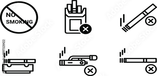 No smoking line icon set featuring prohibited cigarette signs tobacco packs ashtrays electronic vapes and stop smoking awareness for public healthNo smoking line icon set 