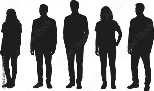 Silhouette group of five diverse adults in casual and semi-formal attire standing side by side representing individuality, diversity, anonymity, teamwork, and social identity illustration