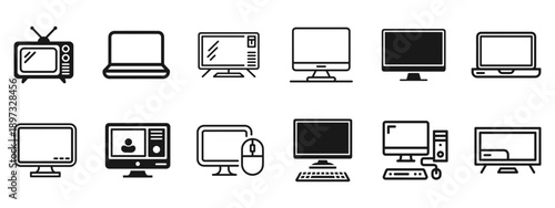 Collection of electronic devices including a vintage television, laptops, desktop monitors, and computer systems, presented as clean, minimalist line art icons.