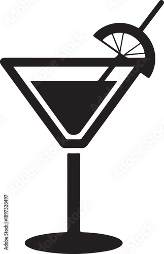 A simple black silhouette of a martini glass with a lemon wedge