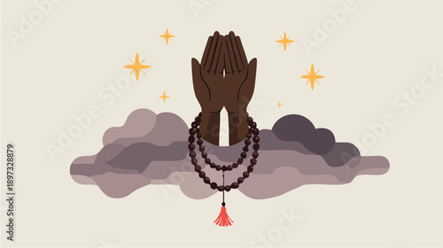 Praying Hands with Rosary Beads Under Soft Clouds.