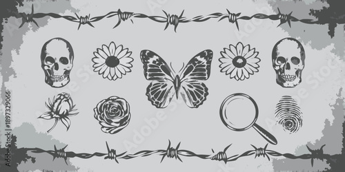 Grayscale composition featuring skulls flowers a butterfly and barbed wire