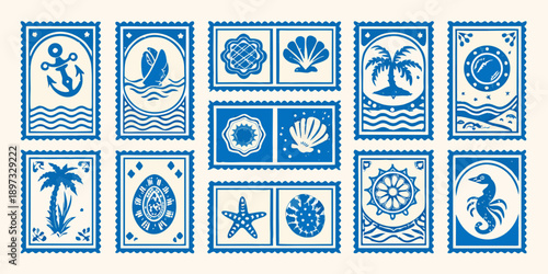 Vintage nautical themed postage stamps arranged in a grid pattern
