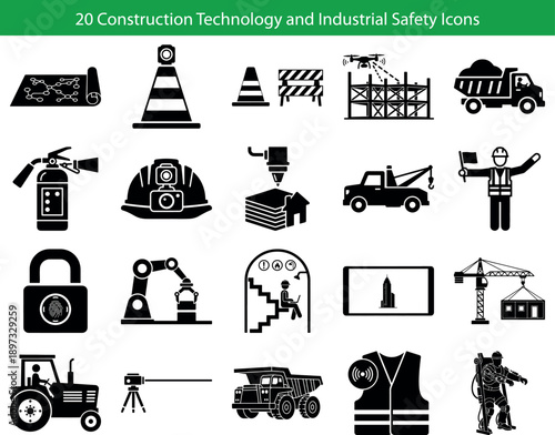 20 Construction Technology and Industrial Safety Icons. Vector symbols for smart building, automation, and site safety including exoskeleton worker, 3d printed house, drone surveyor, and  blueprint