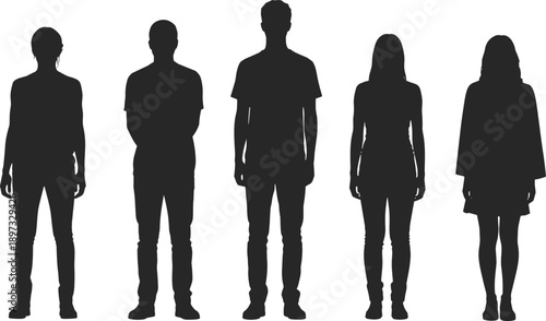 Silhouette group of five diverse adults in mixed attire standing side by side representing individuality, diversity, anonymity, teamwork, and collective social identity illustration