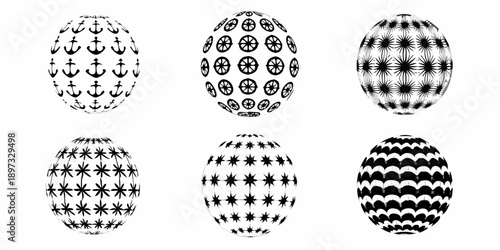 Optical illusion egg shapes with various black and white patterns displayed