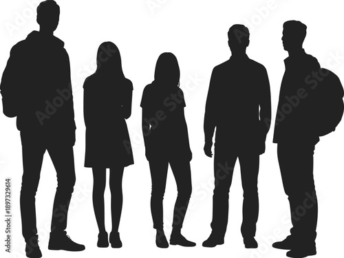 Silhouette group of five diverse individuals including students or travelers carrying backpacks standing side by side representing youth, education, diversity, teamwork
