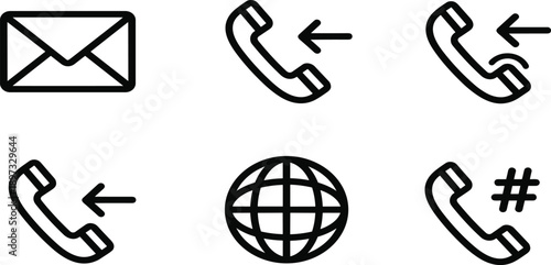 Communication line icon set featuring email envelope incoming phone calls global world web globe and telephone keypad hash symbol signsCommunication line icon set 