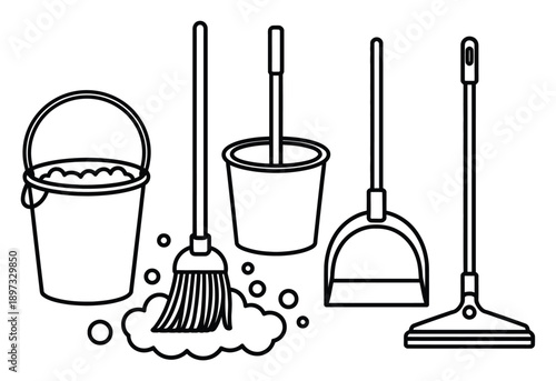 Cleaning Tools Black White Line Art Vector Illustration