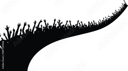 Black and white silhouette of a cheering crowd with hands raised in the air on a curved wave background for concert festival or party.