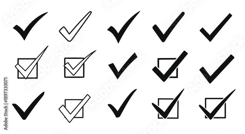 Collection of check marks and boxes in black and white silhouette