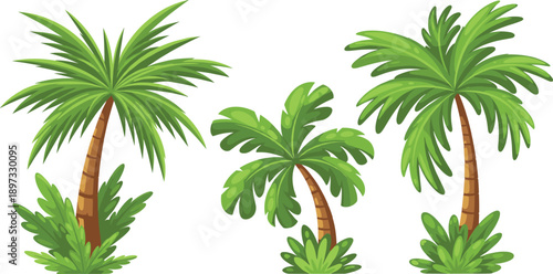 Tropical beach palm tree set with exotic green leaves and curved trunks for summer travel vacation and nature design