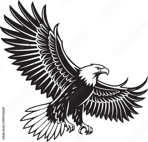 A premium black eagle silhouette vector with wings fully spread, symbolizing freedom power, modern minimalist flat design for branding merchandise