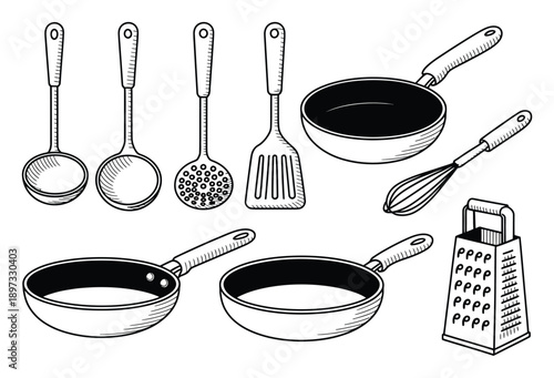 Kitchen Utensils Black White Vector Illustration