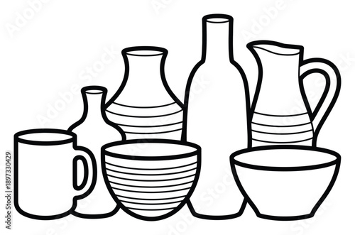 Kitchenware Collection Outline Vector Illustration