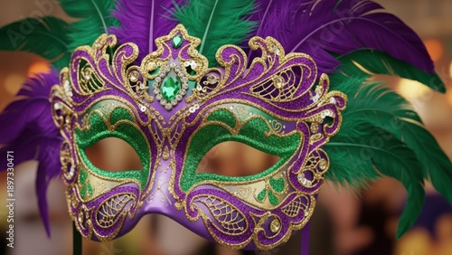 Mardi Gras Mask - Intricate and ornate mask in traditional Mardi Gras purple, green, and gold colors 