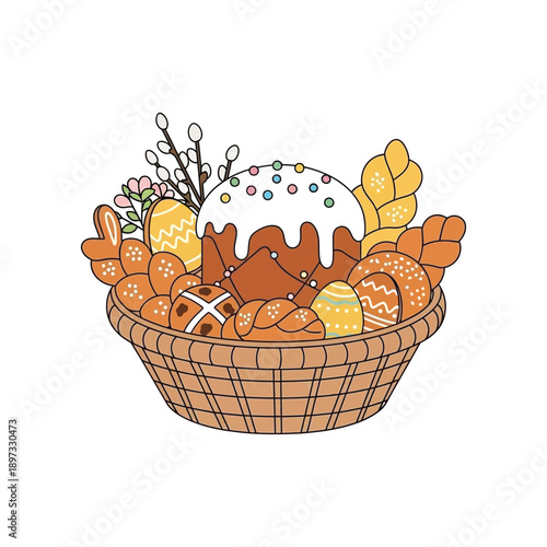 A beautiful easter basket filled with traditional kulich, decorated eggs, and festive pastries