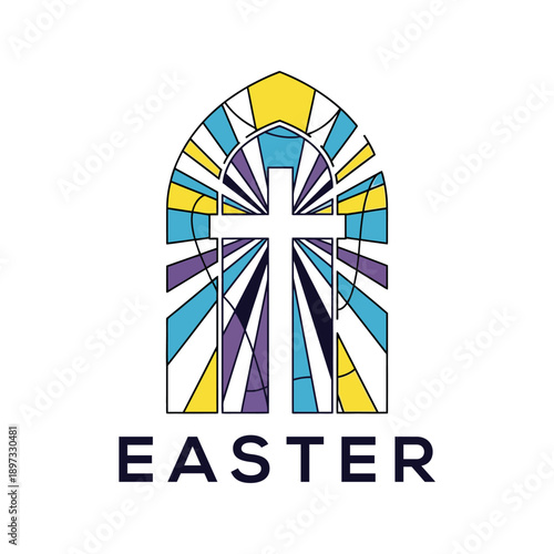 A stylized stained glass window with a white cross and 