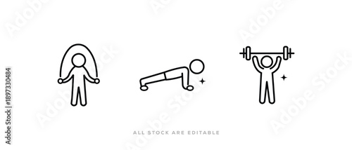 Fitness and Workout Exercise Icon Set on white background. Vector Illustration 