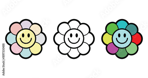Three cheerful smiley face flowers showing variations in color and outline design