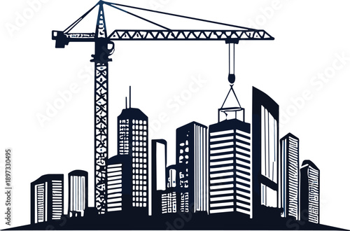 Construction crane and modern city skyline silhouette illustrating urban development, black and white vector architecture illustration isolated on white