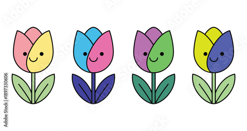 Adorable cartoon tulips with colorful split petals and happy smiling faces