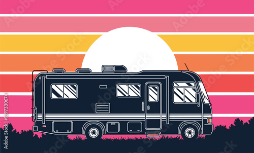 Retro camper van illustration at colorful sunset showcasing van life travel, road trip adventure, camping lifestyle in vector style