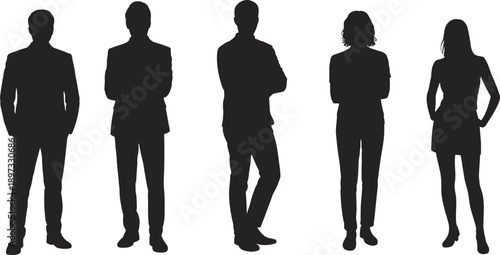 Silhouette group of five diverse people in suits and casual attire standing side by side representing professionalism, individuality, diversity, anonymity, and social identity illustration