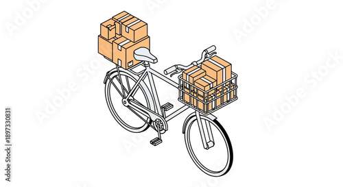 Bicycle with cardboard boxes on the back and front racks.