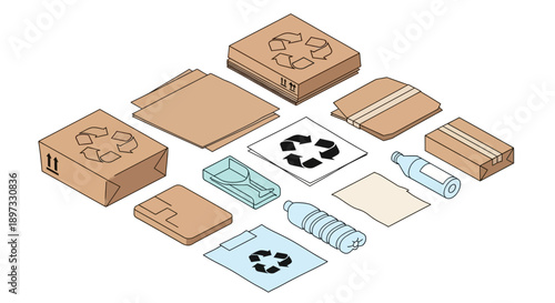 Recyclable packaging materials and plastic bottles illustration.