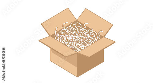 Cardboard box filled with paper clips on white background.