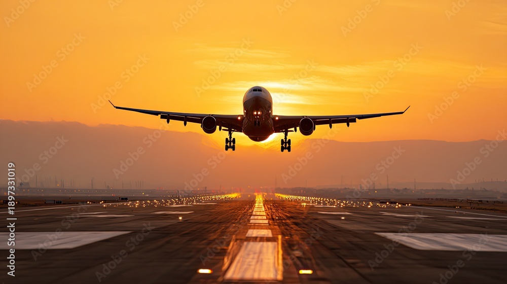 Fototapeta premium Airplane landing against a colorful sunset sky