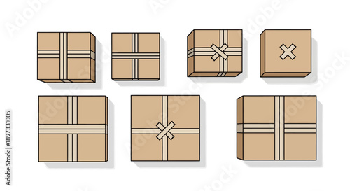 Collection of brown cardboard boxes with various ribbon designs on a white background.