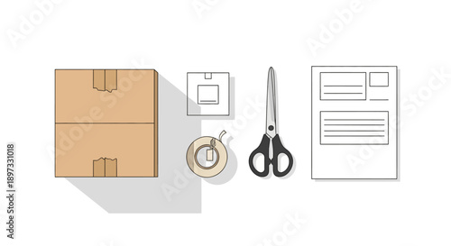 Packaging and shipping materials with scissors and documents.