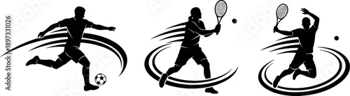 Black and white sports silhouette illustration set, dynamic athlete motion with soccer and tennis actions, abstract speed lines, modern minimalist fitness design
