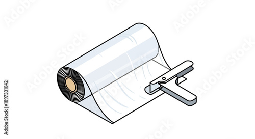 Transparent plastic wrap roll with dispenser on white background.