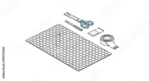 Metal grid with various fastening elements and tools.
