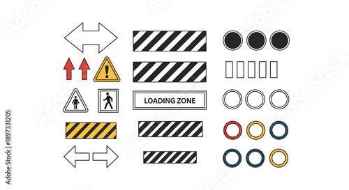 Collection of various warning signs and symbols for loading zone.