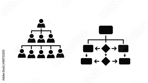 Hierarchical structure diagrams and flowcharts depicted in black silhouette