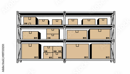 Metal shelving unit with cardboard boxes and packages stored on it.