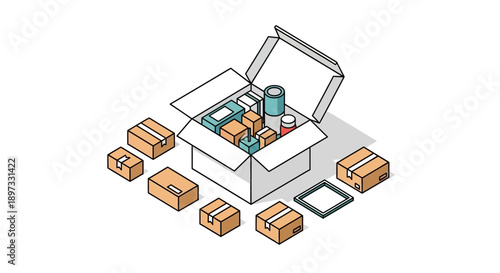 Open cardboard box filled with various items and surrounded by closed boxes.