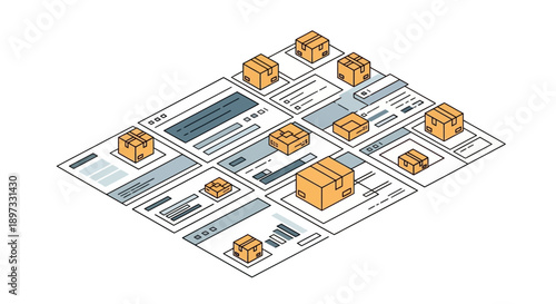 Isometric illustration of packages on a digital map interface.
