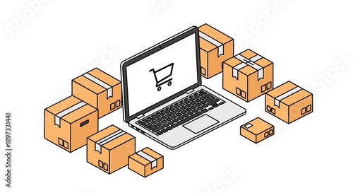 Online Shopping and E-commerce with Laptop and Packages.