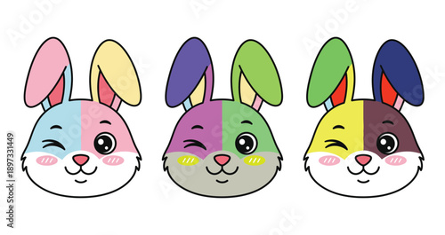 Adorable winking cartoon bunnies with colorful split faces and joyful expressions