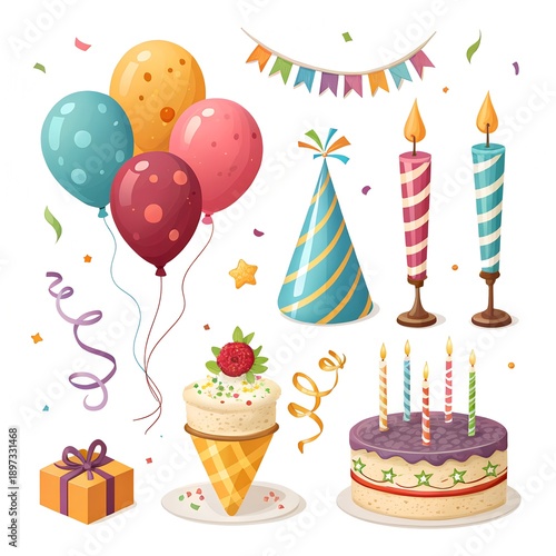 Birthday Party Celebration Set with Cake, Balloons, Candles and Gift Illustration.