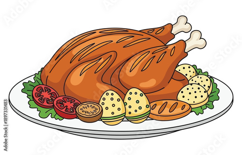 A delightful illustration of a roasted whole chicken or turkey served on a platter with festive side dishes